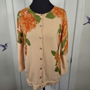 Isaac Mizrahi Live Peach Floral 100% Cotton Knit Cardigan Sweater Small